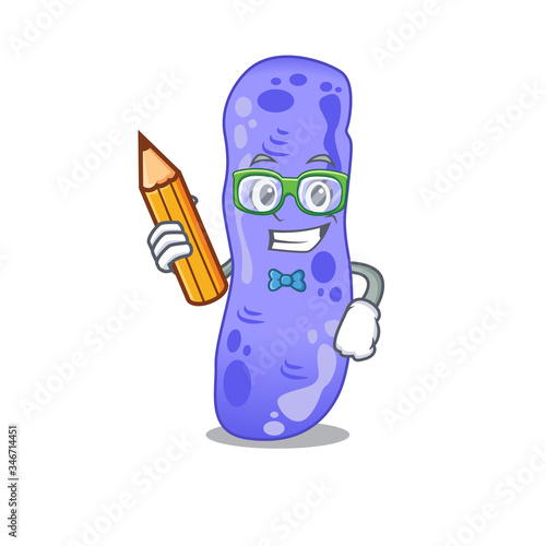 A brainy student legionella cartoon character with pencil and glasses