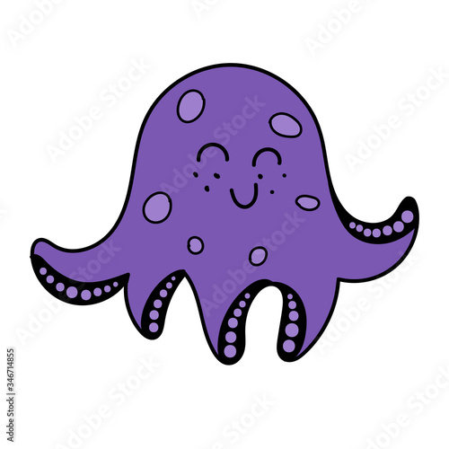 color vector element, black and white drawing of a marine inhabitant, cute octopus
