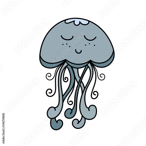 color vector element, black and white drawing of a marine inhabitant, cute sea jellyfish
