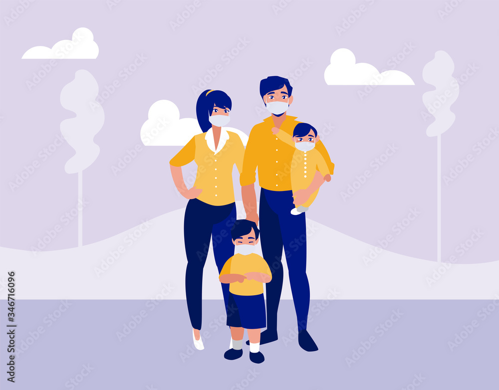 Family with masks at park vector design