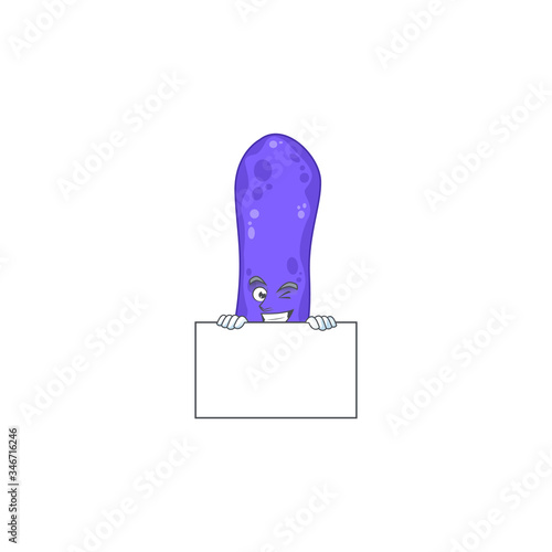 Sneaky escherichia coli cartoon character style hiding behind a board