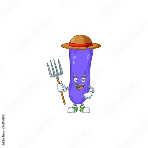 Mascot design style of Farmer escherichia coli with hat and pitchfork