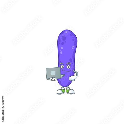 Diligent escherichia coli mascot design style working from home with laptop