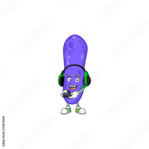A cartoon design of escherichia coli talented gamer play with headphone and controller