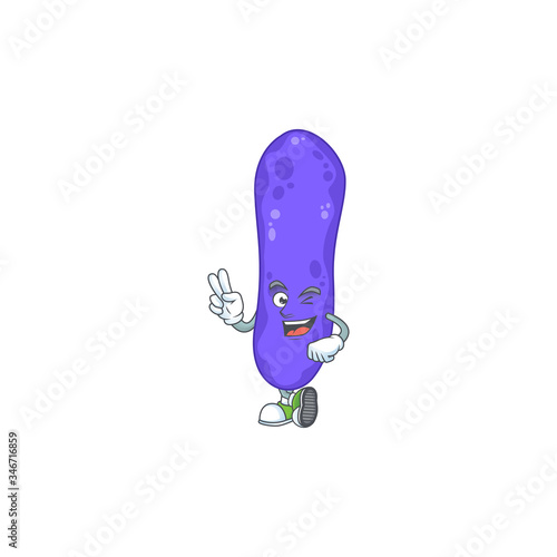 Cheerful escherichia coli mascot design with two fingers