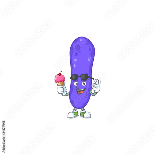 Cute escherichia coli cartoon character enjoying an ice cream
