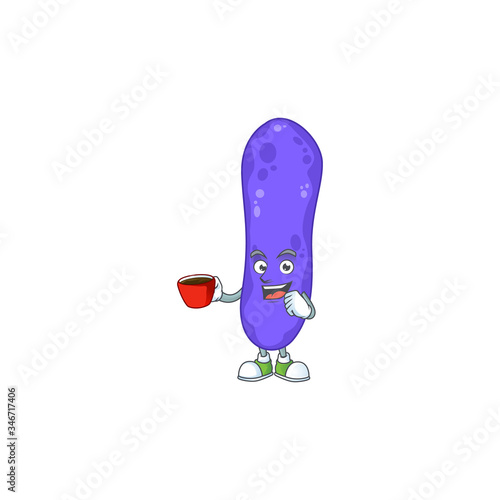 An image cartoon character of escherichia coli with a cup of coffee