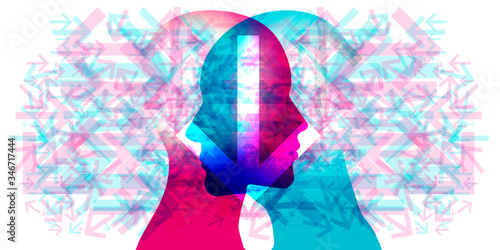 A female and male side silhouette positioned face to face overlaid with various semi-transparent directional arrows. A large white semi-transparent downward arrow is placed across the 2 silhouettes.