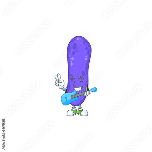 Happy face of escherichia coli cartoon plays music with a guitar