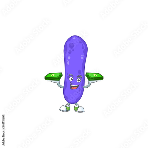 A cheerful escherichia coli mascot design with some money on hands