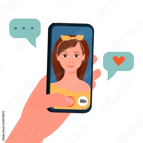 Hand holding mobile phone, video call, conversation. Face of girl on screen isolated on white background stock vector illustration. Social relations on distance concept.