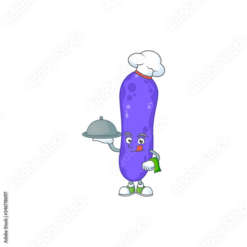 A escherichia coli chef cartoon design with hat and tray