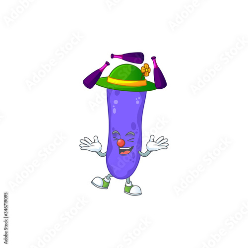 mascot cartoon style of escherichia coli playing Juggling on stage