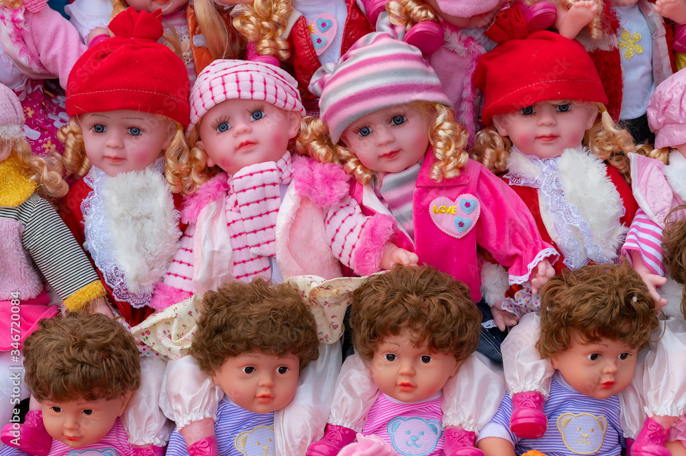 Beautiful cute baby dolls for sale at retail shop at Christmas market, New Market area, Kolkata, West Bengal, India. Beautiful cute baby dolls for sale at retail shop at Christmas market, New Market area, Kolkata, West Bengal, India.