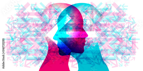 A female and male side silhouette positioned face to face overlaid with various semi-transparent directional arrows. A large semi-transparent left pointing arrow is placed across the 2 silhouettes.