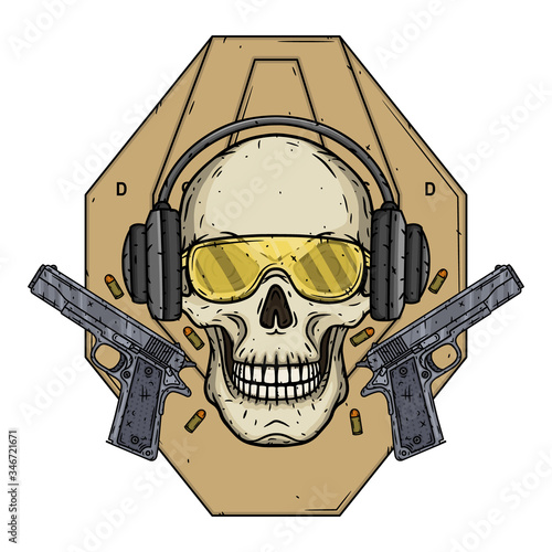 Skull shooter on the background of the target, glasses, headphones and two pistols. photo