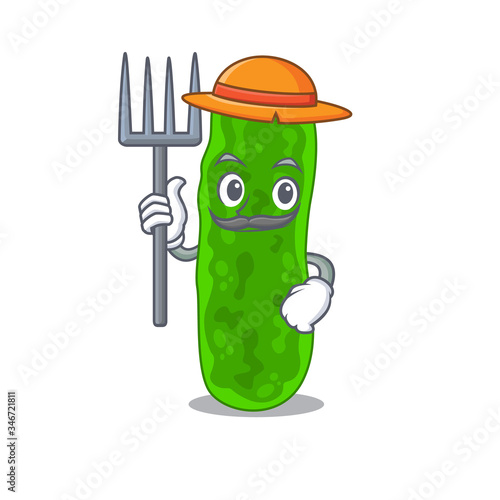 Cartoon character design of legionella micdadei as a Farmer with hat and pitchfork