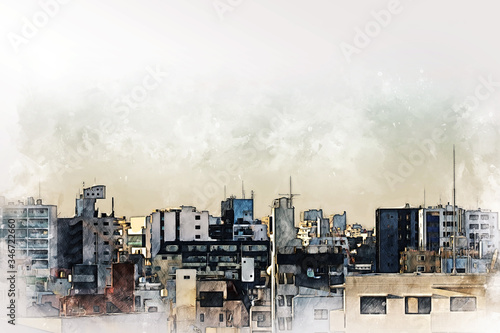 Photography Abstract colorful office building in the city on watercolor illustration painting background