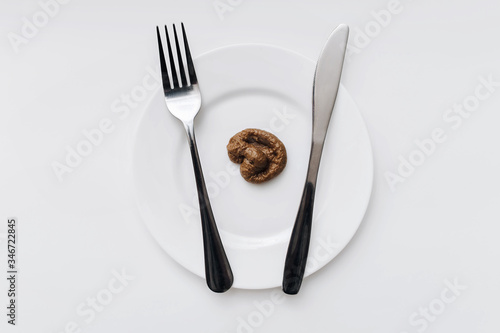 Plastic excrement of a cat lies on a white plate between a fork and a knife close-up. The concept of an inept cook, a crappy restaurant, bad food, a taste of shit. Bad smelling joke.