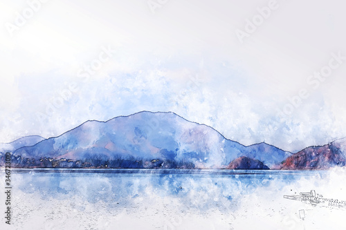 Abstract colorful mountain range and river in Japan on watercolor illustration painting background.