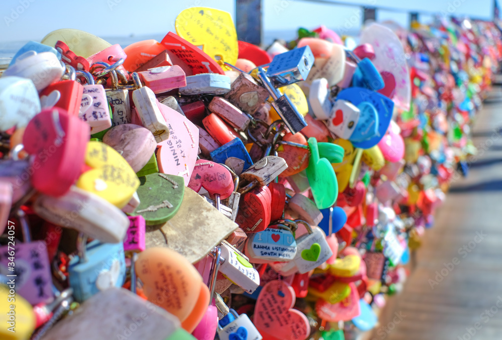 SEOUL, South Korea - October 8, 2019: Couples and Korean lock the keys as a symbol of love and visiting N Seoul Tower on Namsan Mountain in Seoul City, South Korea.