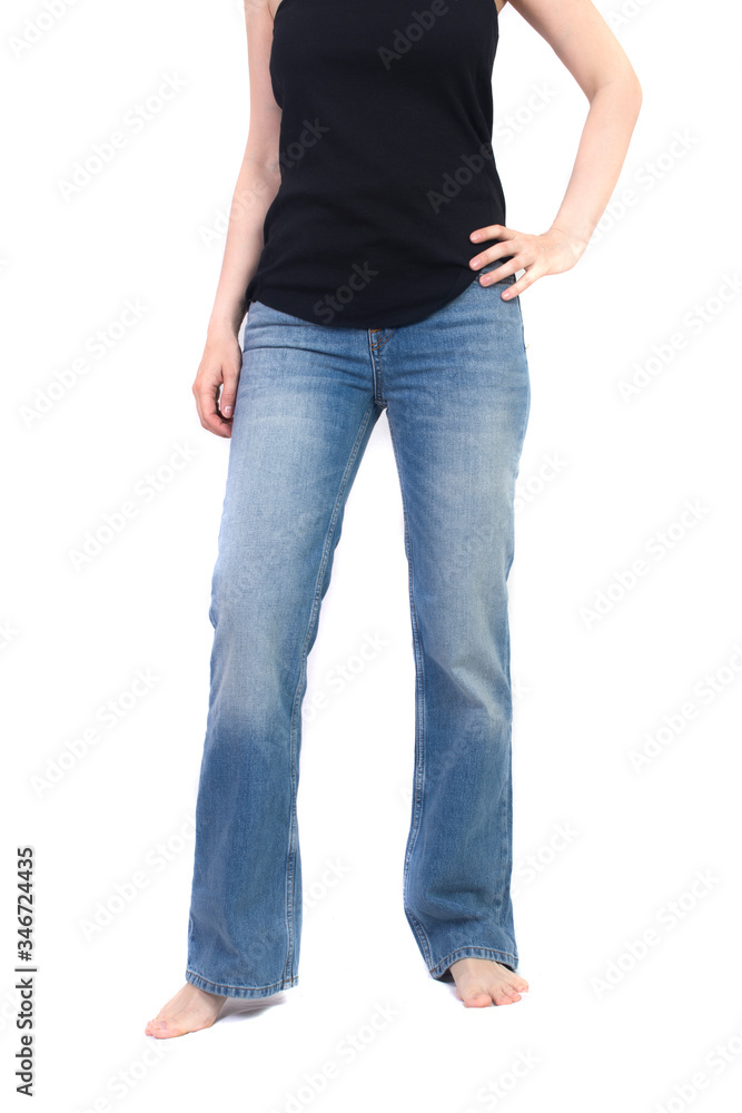 girl in a black shirt and high waisted jeans isolated on white, body part, girl in a black shirt and high waisted jeans isolated on white, body part,