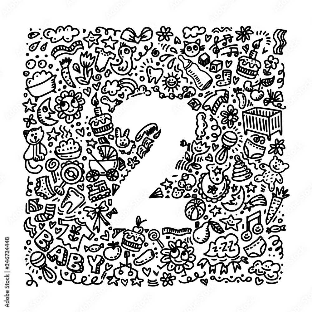 Obraz premium Nice gentle vector doodle cards template with number two. Happy Birthday to baby invitation, card for children's holiday design. Vector funny background for greeting postcard, poster or print on t
