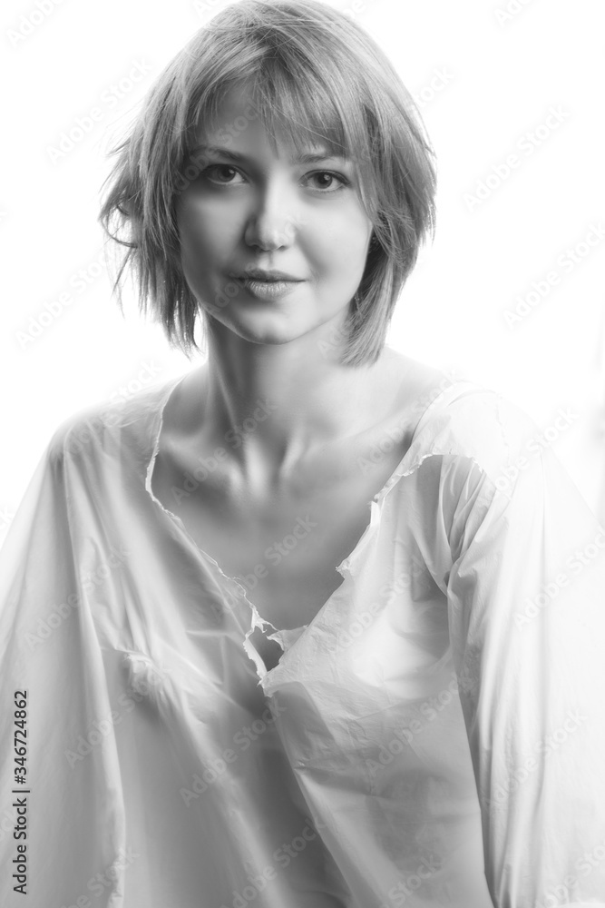 black and white Close up portrait of a young girl, high key