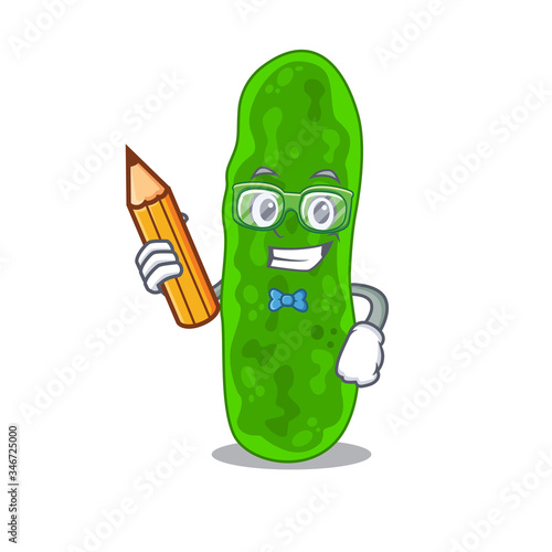 A brainy student legionella micdadei cartoon character with pencil and glasses