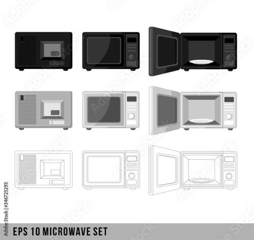 Microwave set of colored and line wave. Open and close door. Top and back sides. Oven for fast cooking. Flat cartoon vector illustration