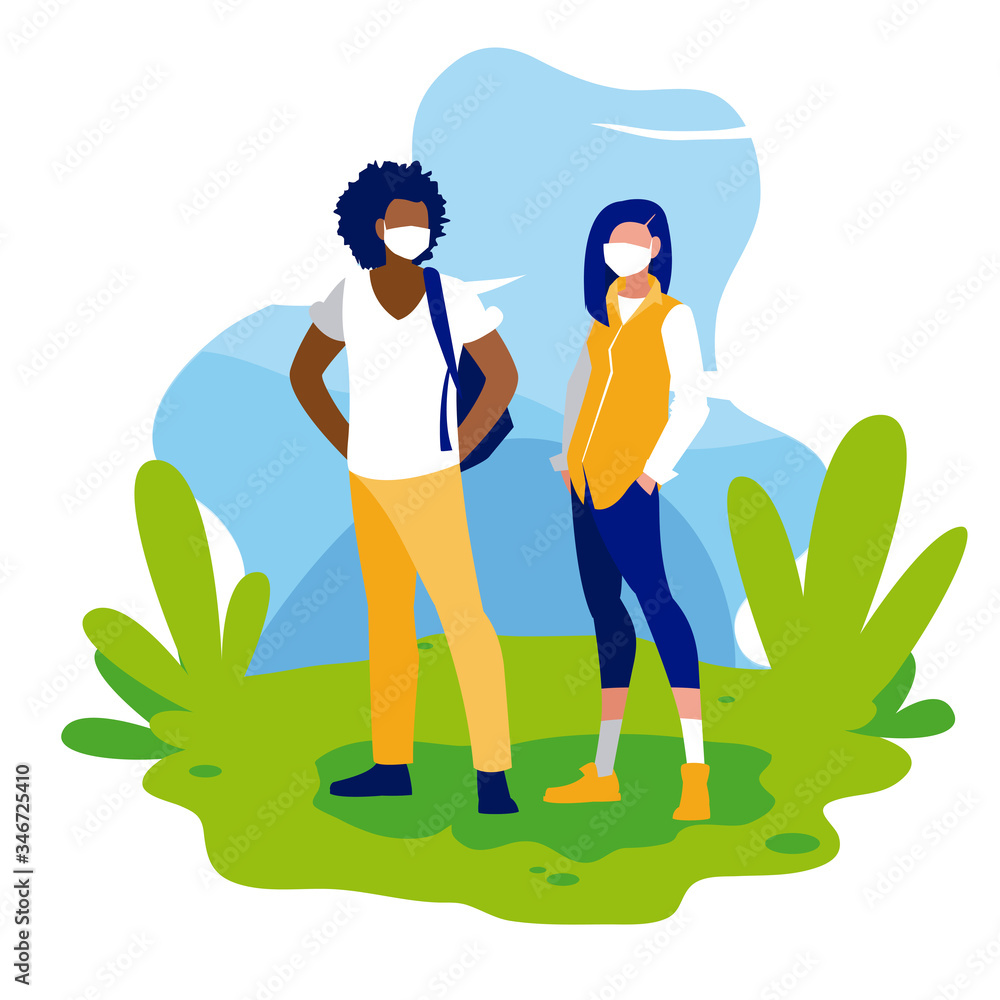 Woman and man avatars with masks outside vector design