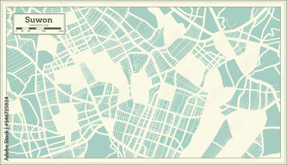 Obraz premium Suwon South Korea City Map in Retro Style. Outline Map.