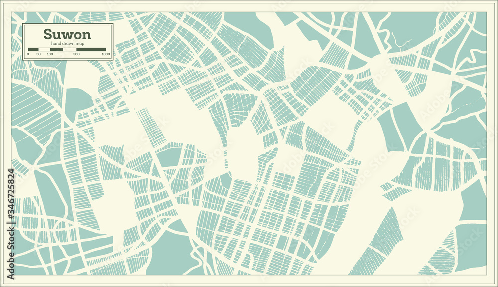 Suwon South Korea City Map in Retro Style. Outline Map.