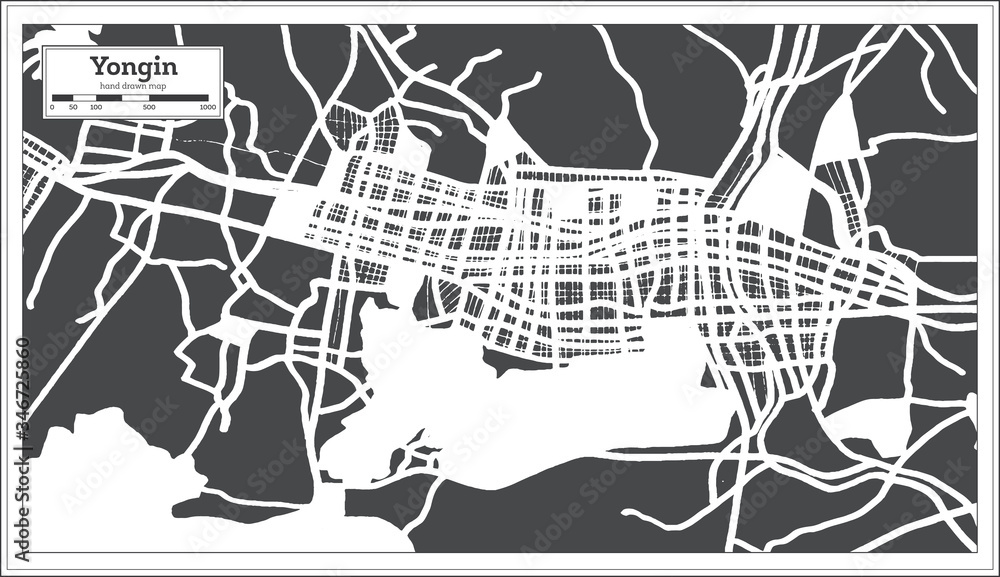 Fototapeta premium Yongin South Korea City Map in Retro Style. Outline Map.