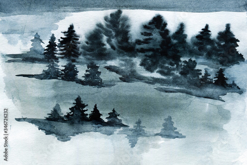 Dark green watercolor texture with fur tree forest and fog