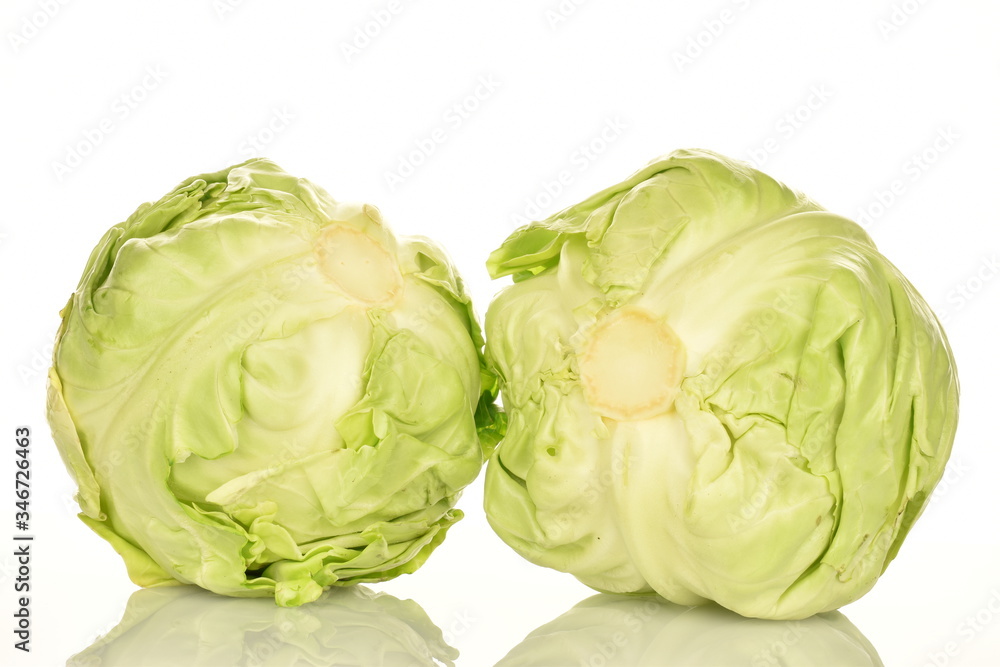 Green cabbage, macro, on a white background Green cabbage, macro, on a white background