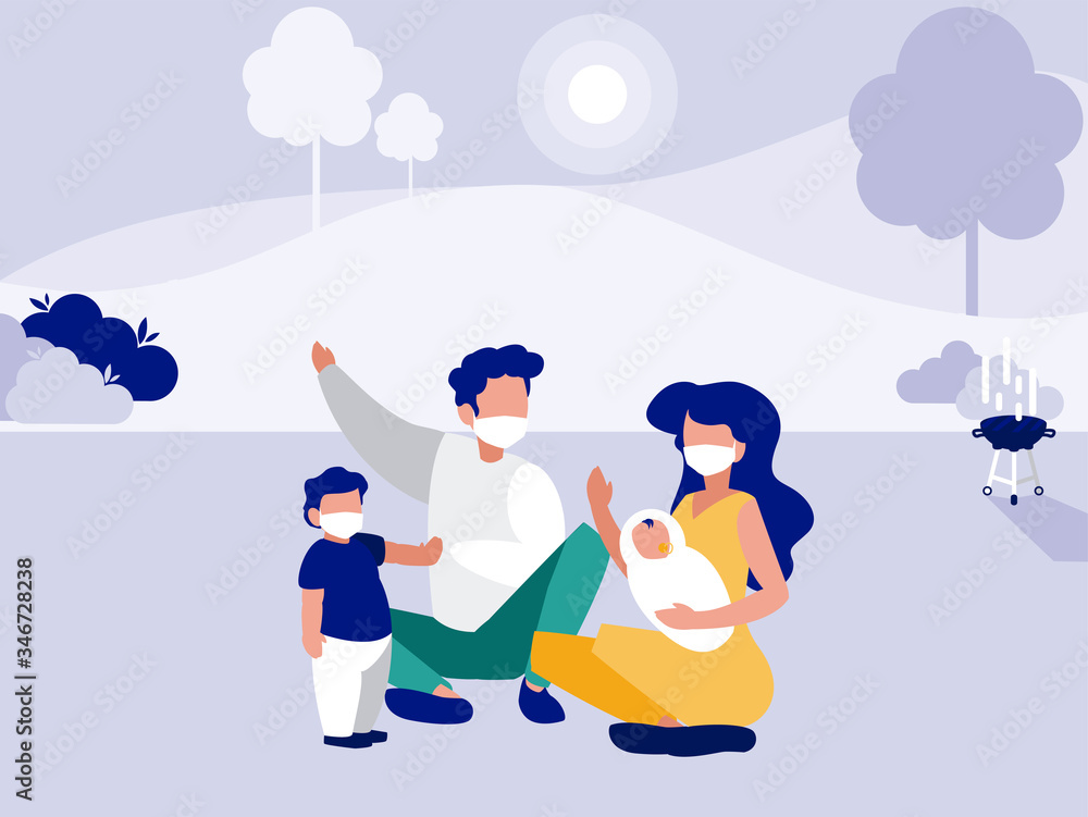 Family with masks at park with trees vector design Family with masks at park with trees vector design