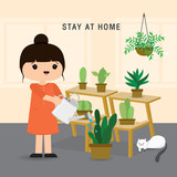 Quarantine, stay at home concept. Working from home, Woman growing tree and water the plant. Character Cartoon Vector illustration