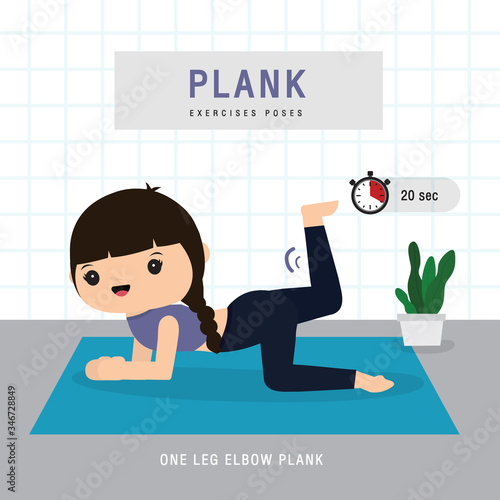 Plank Workout. Woman doing Planking exercise and yoga training at gym home, stay at home concept. Character Cartoon Vector illustration
