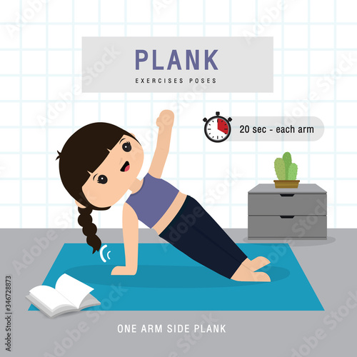 Plank Workout. Woman doing Planking exercise and yoga training at gym home, stay at home concept. Character Cartoon Vector illustration