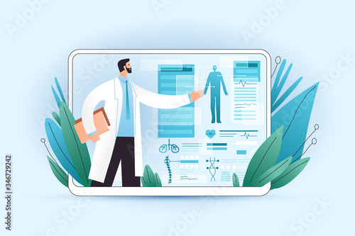 Medical full body screening results on tablet and healthcare device with professional doctor explaining it. Professional medical test for patient using medical apps on a digital tablet, vector concept