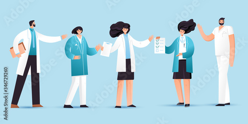 Vector flat illustration of professional medic team with pointing gestures. Cartoon doctor characters set - man, woman, nurses and doctors