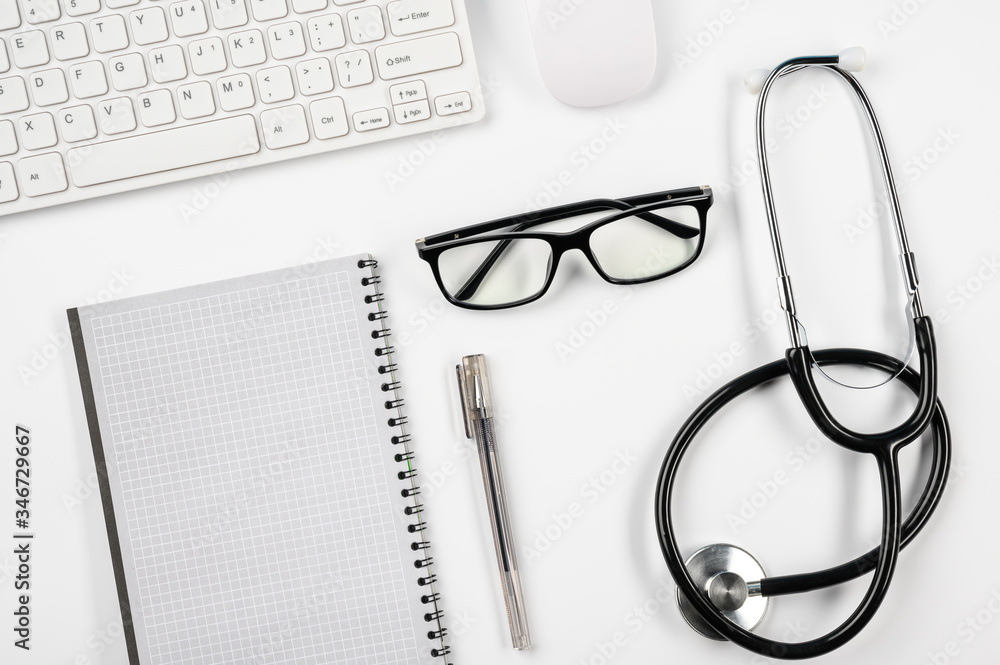 Desktop of a practicing doctor. Place for text. Copy space. Desktop of a practicing doctor. Place for text. Copy space.