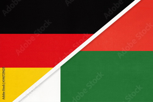 Germany vs Madagascar  symbol of two national flags. Relationship between European and African countries.