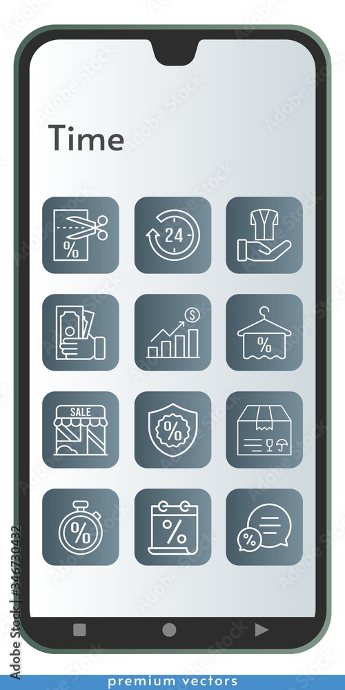 time icon set. included calendar, profits, 24-hours, shop, package, money, towel, voucher, chat, jacket, warranty, stopwatch icons on phone design background . linear styles.
