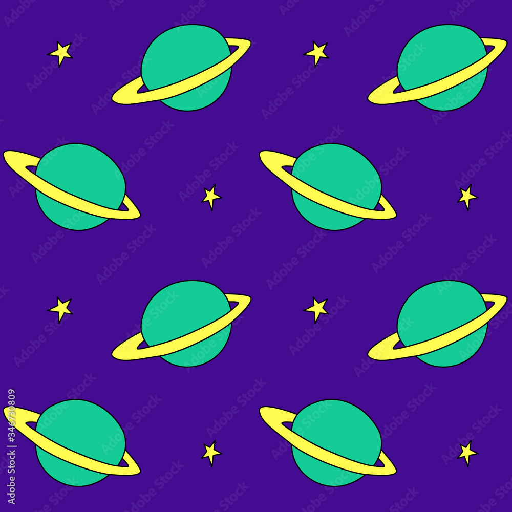 Obraz premium Baby seamless pattern. Cartoon planet saturn and stars in space. Vector Cosmic background and texture. For kids design, fabric, wrapping, wallpaper, textile, apparel