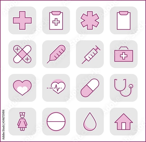 Set of Medicine vector line icons. It contains the first aid kit, nurse, syringe, thermometer, plastic, pills, heart, drop of blood, palpitation and much more. Editable Stroke. 32x32 pixels.