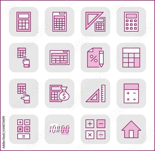 Set of Calculation Vector Line Icons. Contains such Icons as Calculator Icon, Pencil, Click, Money Bag, Percent symbol, Square and Ruler. Editable Stroke. 32x32 Pixel Perfect.