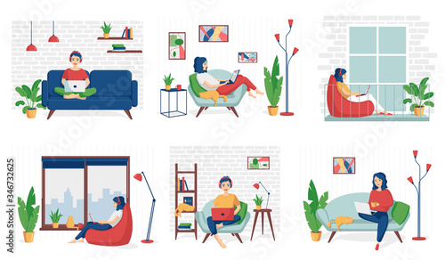A young woman is sitting with a laptop. Concept remote work from home. Freelance. Distanse learning. Stay home during an epidemic.Set of cute vector illustrations in flat cartoon style