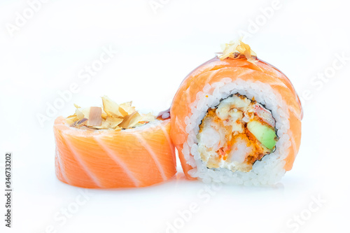 sushi and rolls on a white background food